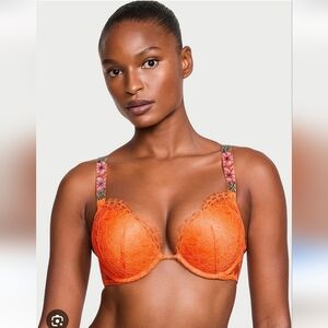 Victorias Secret Bombshell Add-2-Cups Shine Strap Lace Up Bra Sunny Orange 34D
